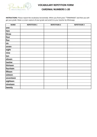 Vocabulary repetition form - cardinal numbers 1-20