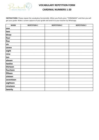 Vocabulary repetition form - cardinal numbers 1-20