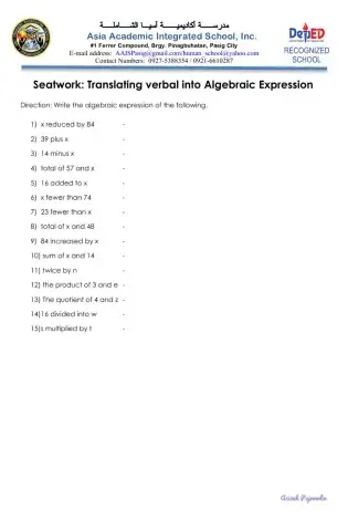 Translating verbal into Algebraic Expression