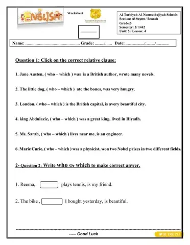 Grade 5  Unit 5 Lesson 4 Who Which