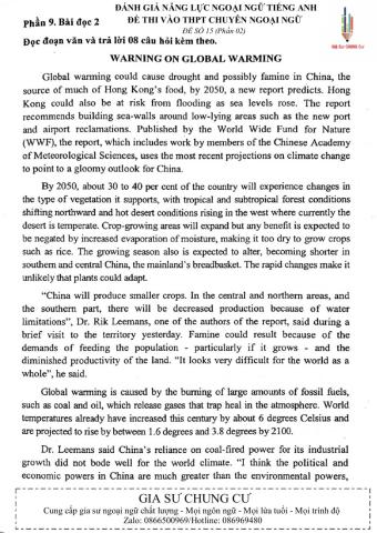 Đề thi đánh giá năng lực ngoại ngữ Tiếng Anh vào lớp 10 Chuyên ngoại ngữ - Số 15.2