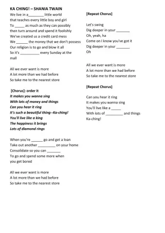 Money Song listening KA CHING! – SHANIA TWAIN