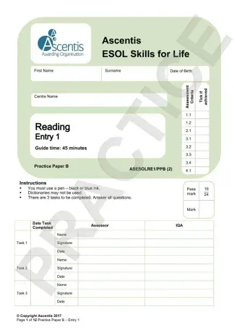 Reading Exam - Entry 1 Prep to Reading