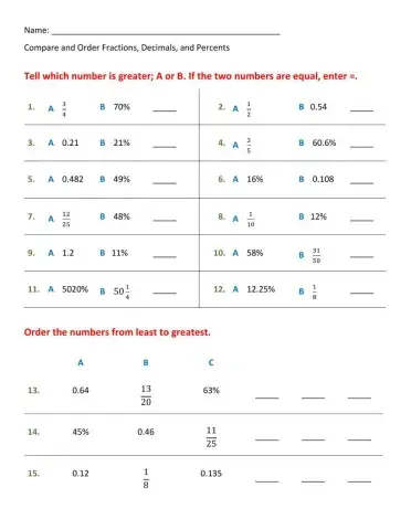Compare and Order Fractions, Decimals, & Percents
