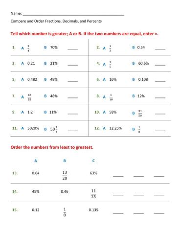 Compare and Order Fractions, Decimals, & Percents