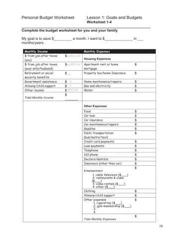 Personal Budget Worksheet