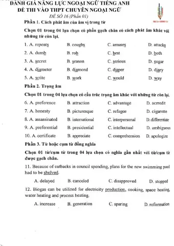 Đề thi đánh giá năng lực ngoại ngữ Tiếng Anh vào lớp 10 Chuyên ngoại ngữ - Số 16.1