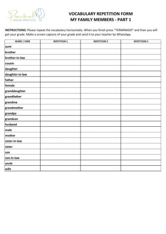Vocabulary repetition form - my family - part 1