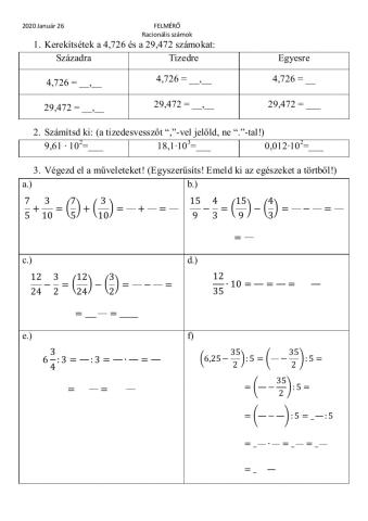 2021 Január 26 - Szerda - Algebra - Felmérő - Racionális számok