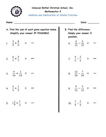 Addition and Subtraction of Similar Fractions