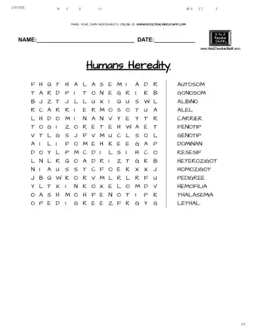 Human's Heredity Search Words Puzzle