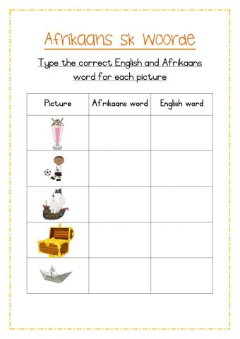 Afrikaans sk spelling words worksheet 2