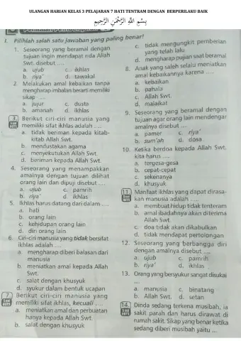 UH Kls 3 pelj 7 hati tentram dengan berperilaku baik