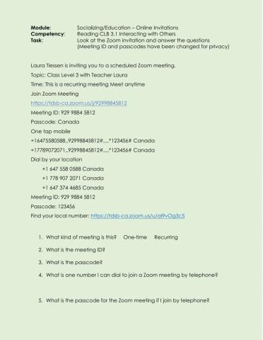 Reading CLB 3.1 IWO - Understand Zoom invitation