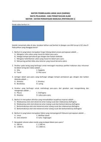LATIHAN SOAL SISTEM PERNAPASAN MANUSIA Kelas 8 Semester 2