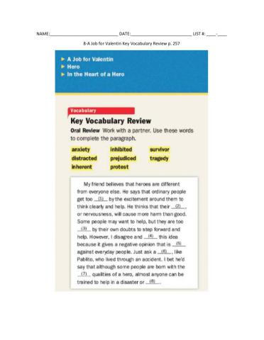 8-A Job for Valentin Key Vocabulary Review p. 257