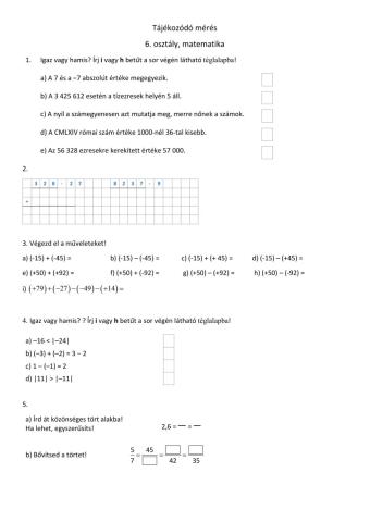 Tájékozódó mérés, matematika 6