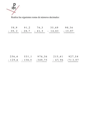Restas de números decimales.