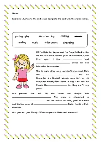 English Year 5 Starter Unit: Kate's hobbies and interest