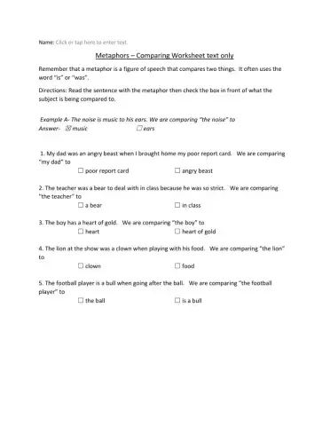 Metaphors Comparing Worksheet text only