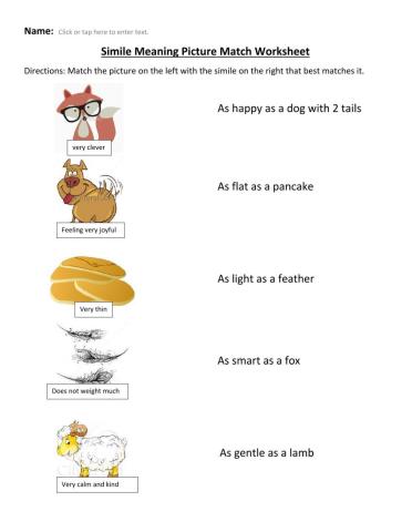 Simile Meaning Picture Match Worksheet