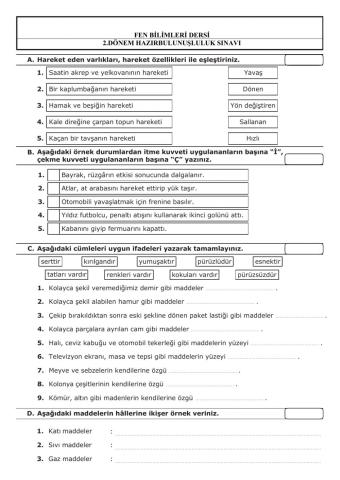 2.dönem Fen Bilimleri hazırbulunuşluluk sınavı