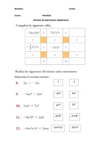 División entre Monomios y Polinomios