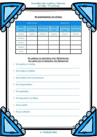 Επαναληπτικές ασκήσεις 9ης ενότητας (Γλώσσα Στ΄τάξη)