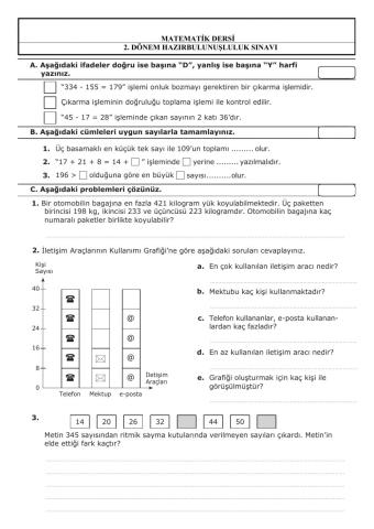 2.dönem Matematik hazırbulunuşluluk sınavı