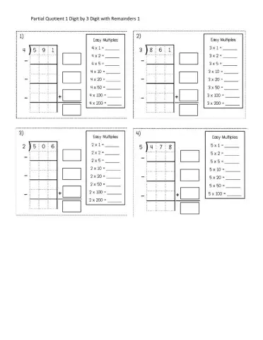 Partial Quotients 1 Digit by 3 Digit with Remainders 1