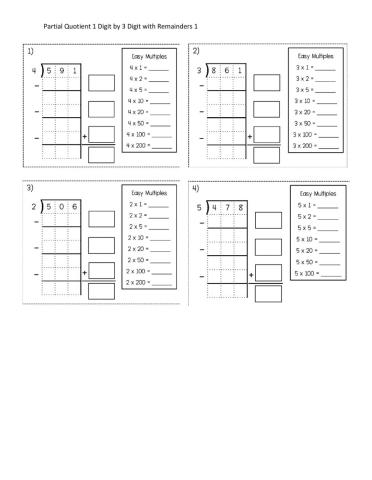 Partial Quotients 1 Digit by 3 Digit with Remainders 1