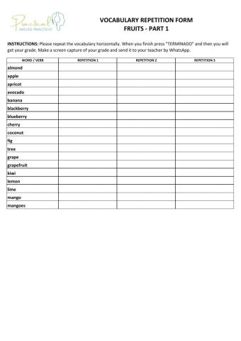 Vocabulary repetition form - fruits - part 1