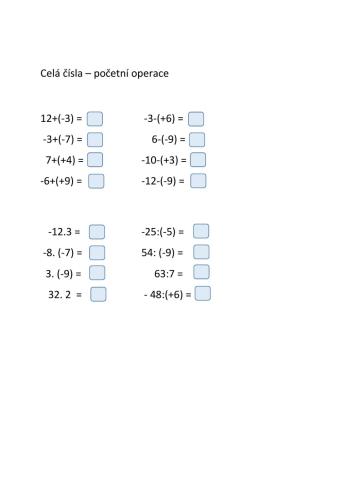 Celá čísla - sčítání, odčítání, násobení, dělení