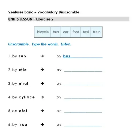 How do you get to school? - Vocabulary Unscramble