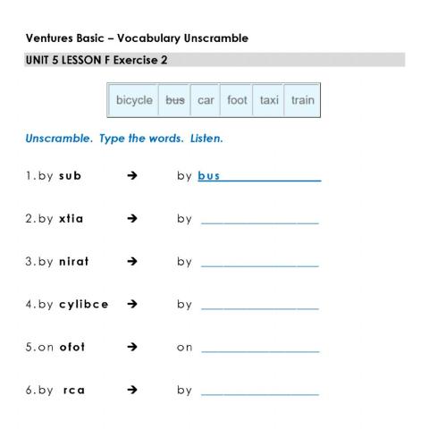 How do you get to school? - Vocabulary Unscramble