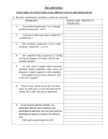 Îmi amintesc!  Înmulțirea în concentrul 0-100. Ordinea efectuării operațiilor