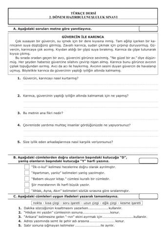 2.dönem Türkçe hazırbulunuşluluk sınavı