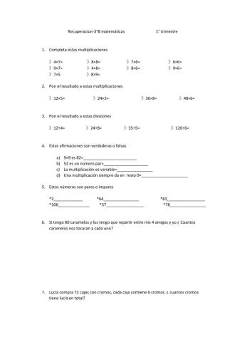 Examen recupera matematicas 3 de primaria