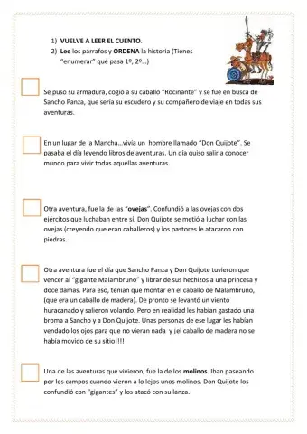 Ordena la historia del Quijote (cuento mi primer Quijote)