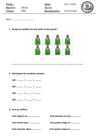 Les nombres jusqu'a 199
