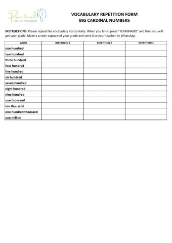 Vocabulary repetition form - big cardinal numbers