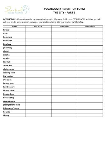 Vocabulary repetition form - the city - part 1