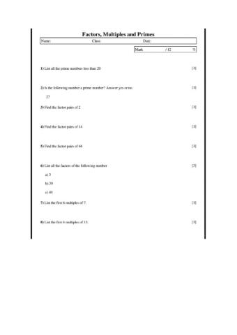 Factors, Multiples and Primes