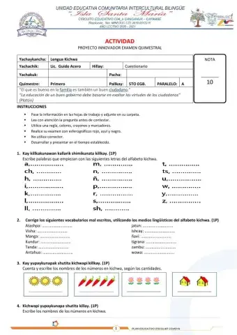 Examen Lengua Kichwa