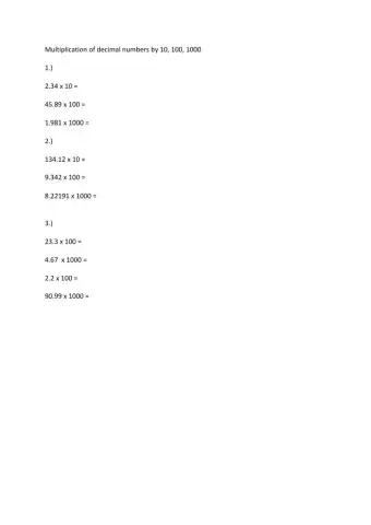 Multiplication of decimal numbers by 10, 100, 1000