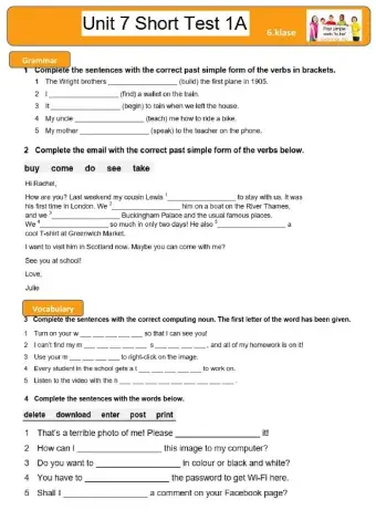 Short test For Unit 7 Solutions Elementary,