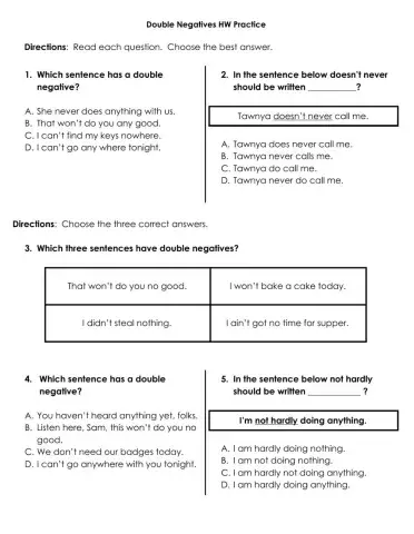 Double Negatives HW Practice