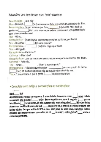 Presente e TEXTo  com artigos contrações e preposições - NO HOTEL DIÁLOGO E