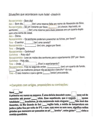 Presente e TEXTo  com artigos contrações e preposições - NO HOTEL DIÁLOGO E