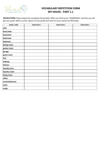 Vocabulary repetition form - my house - part 1.1